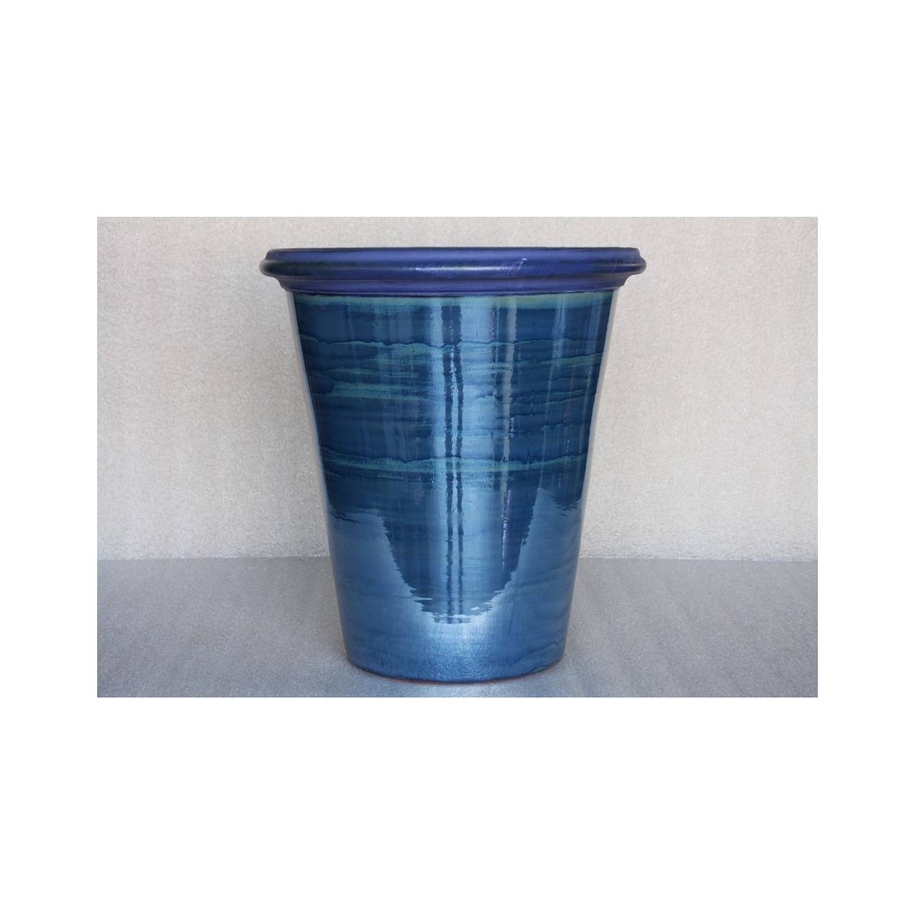 Pot en terre cuite forme cuvier en V large rebord Baobab bleu violet Aigue Marine