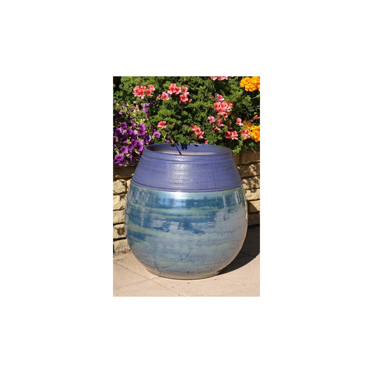 Grand pot forme goutte sur pied plateforme Cheyennes Bleu Violet Aigue Marine