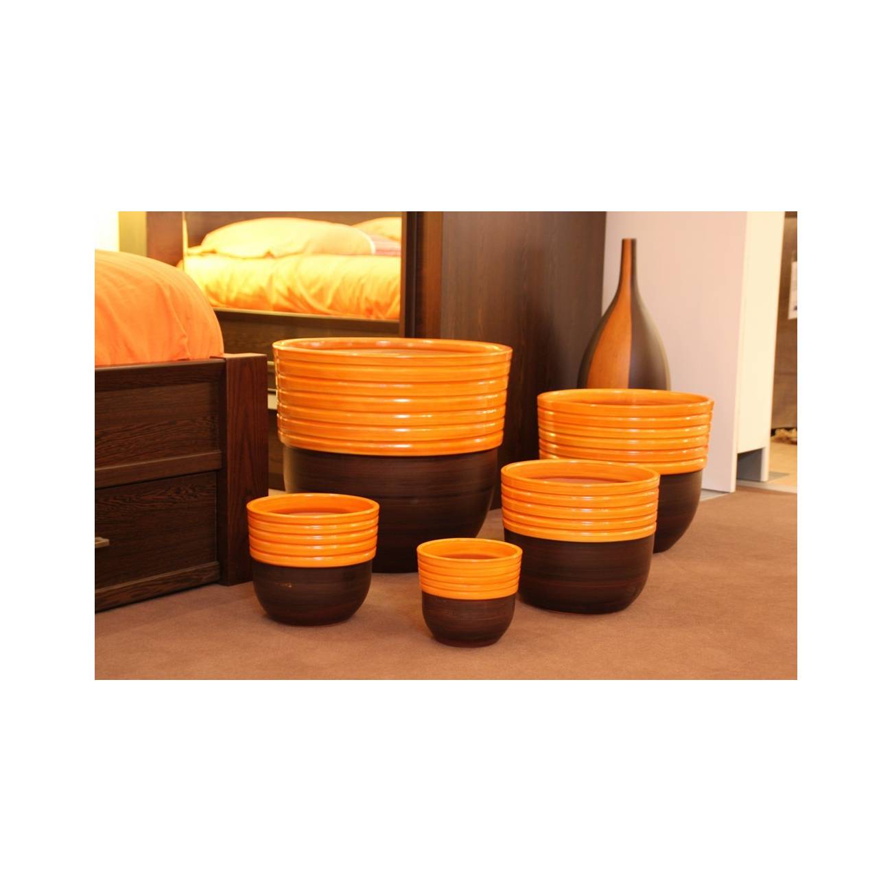 Pot Bas et Rebord Strié Orange & Marron Brun Mat Massaya Terre de Feu