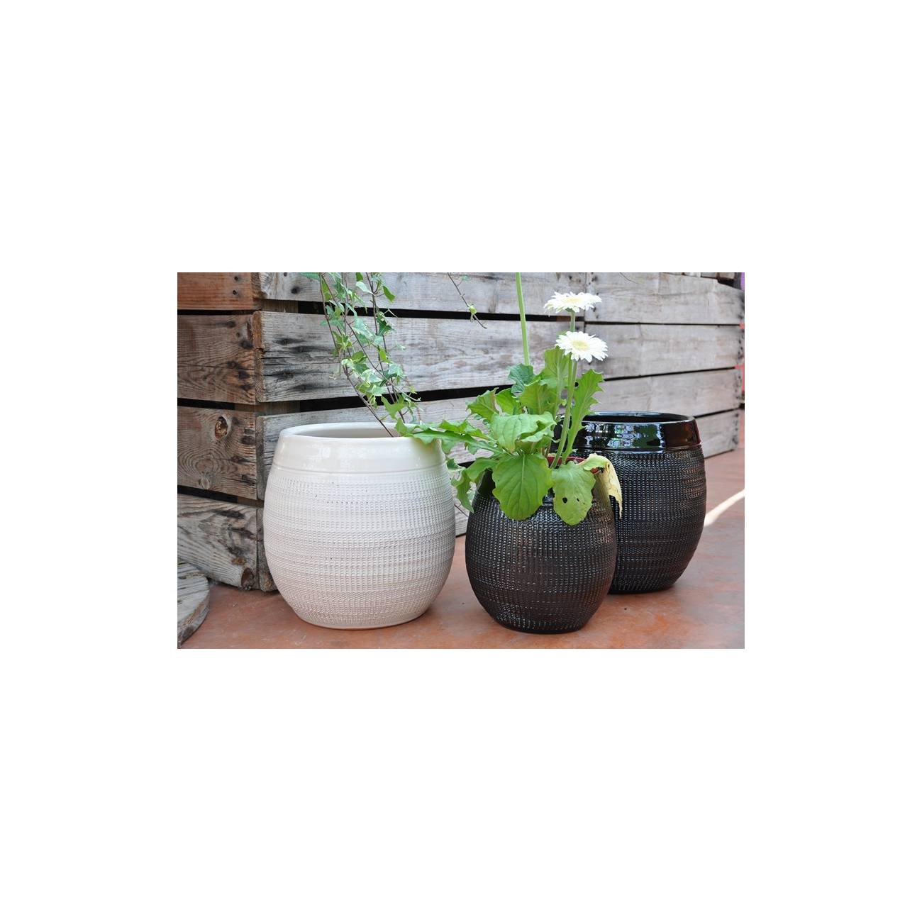 Pot haut forme ovale motif toile de jute Inca Noir et Blanc Yin et Yang