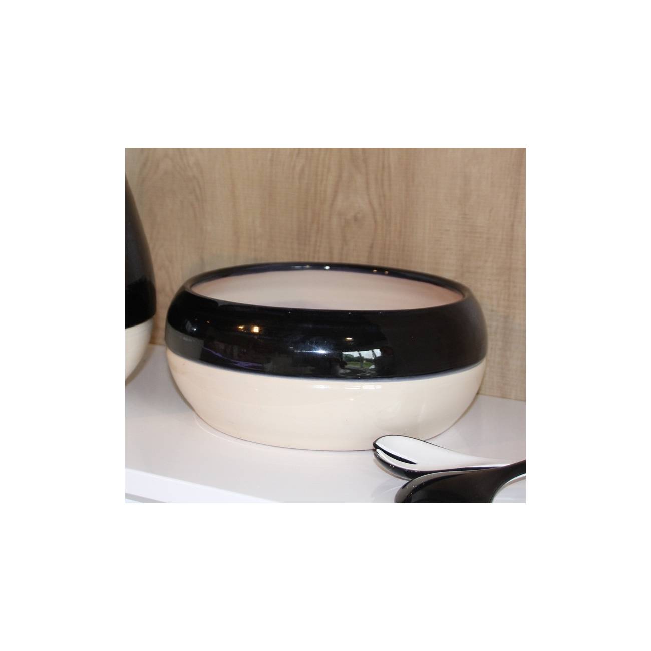 Pot bas et large forme de coupe ou vasque ronde Mélilo noir et blanc Yin Yang