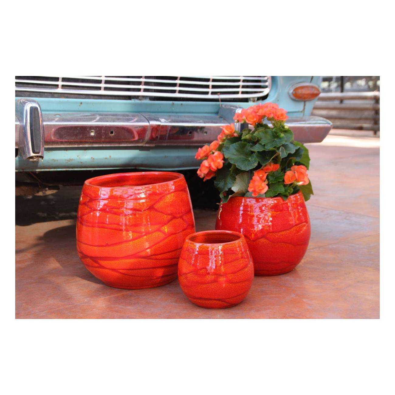 Pot en terre cuite rond et large en forme de U marbré rouge orangé Soleil Couchant