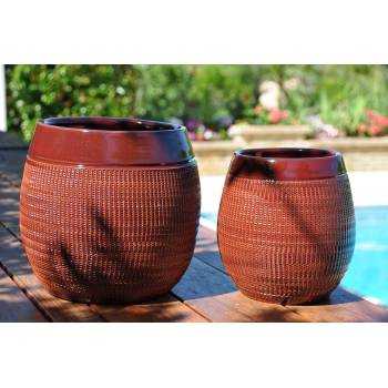 Pot haut forme ovale motif toile de jute Inca marron rose cuivré Tango Syrah