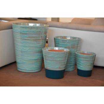 Pot artisanal cuvier haut forme en V bleu canard et turquoise Blue Lagoon