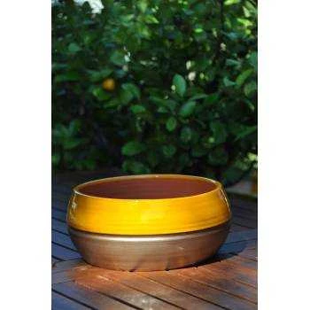 Pot bas et large forme de coupe ou vasque ronde Mélilo Jaune Bronze Ibiza Sunshine