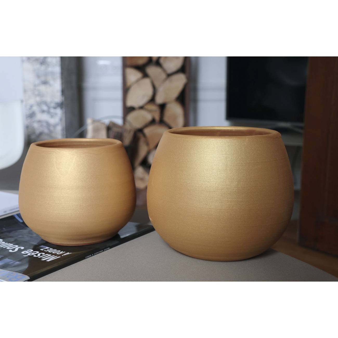 Pot en terre cuite rond et large en forme de U Cancale Mat'essence Gold