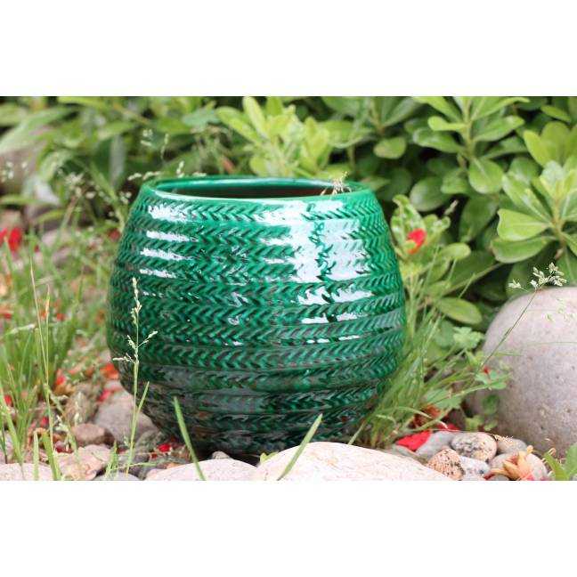 Pot en terre cuite rond et large Cancale motif Chevron vert Jade