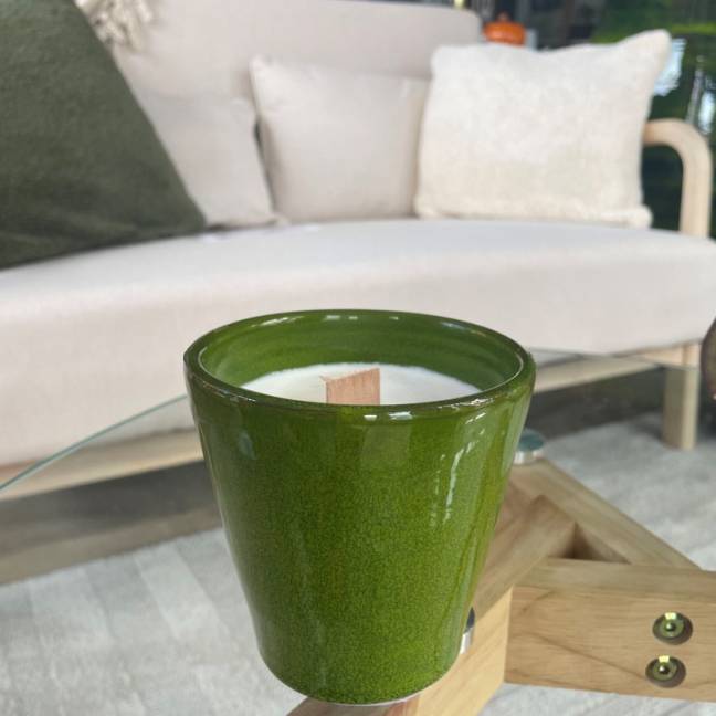 Photo bougie Fleur de Cerisier pot vert Bois et Nature