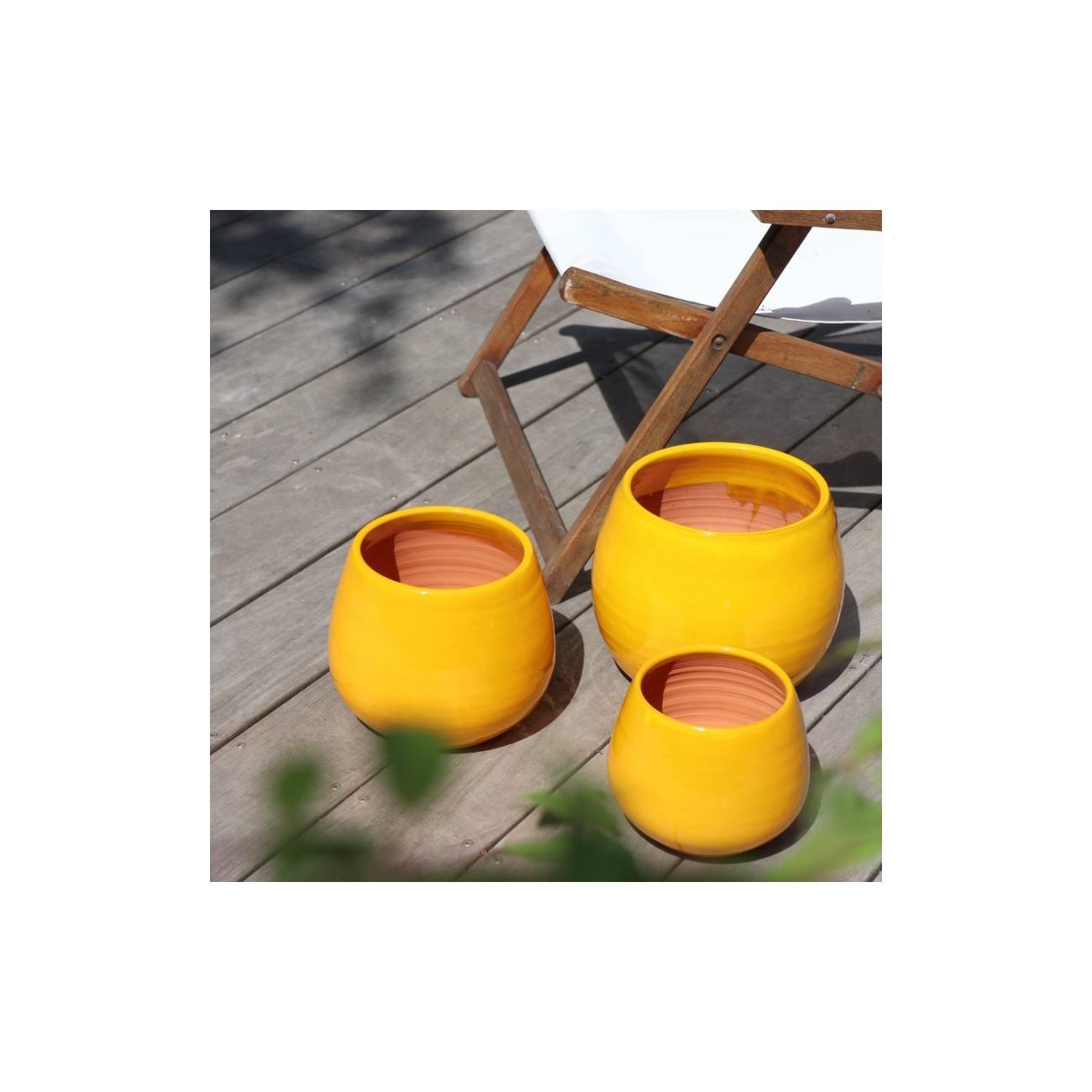 Pot en terre cuite rond et large en forme de U jaune moutarde et bronze Ibiza Sunshine