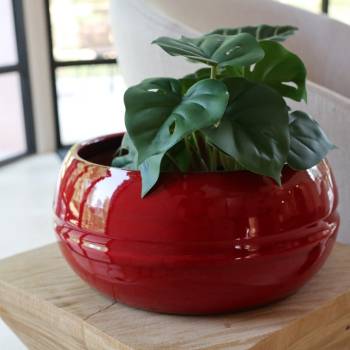 Pot bas et large forme de coupe ou vasque ronde Mélilo Rouge et Marron Bois de Santal